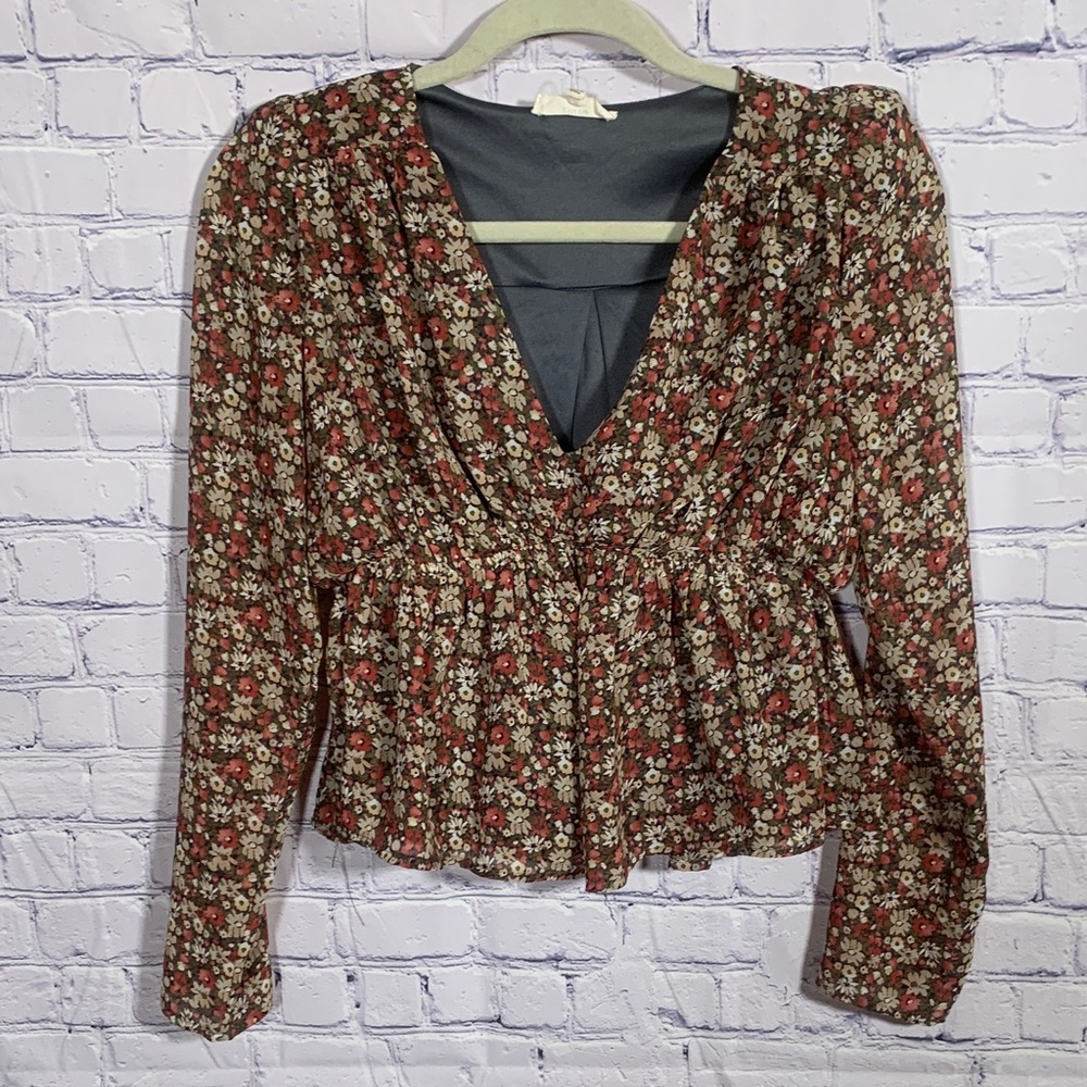 Entro Women Floral Babydoll Crop Top Dark Floral Size S Long Sleeve Fairy Grunge
